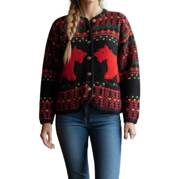 Tally Ho Sweaters - Vintage 80s Dog Fair Isle Cardigan Navy Red Gold Buttons Novelty Knit L